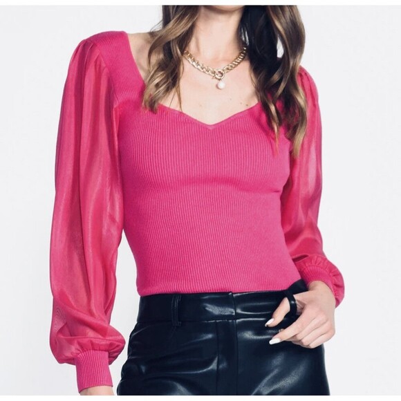 Adelyn Rae Britt Sheer Puff Sleeve Ribbed Knit Top In Party Pink Women's Small - Picture 1 of 8